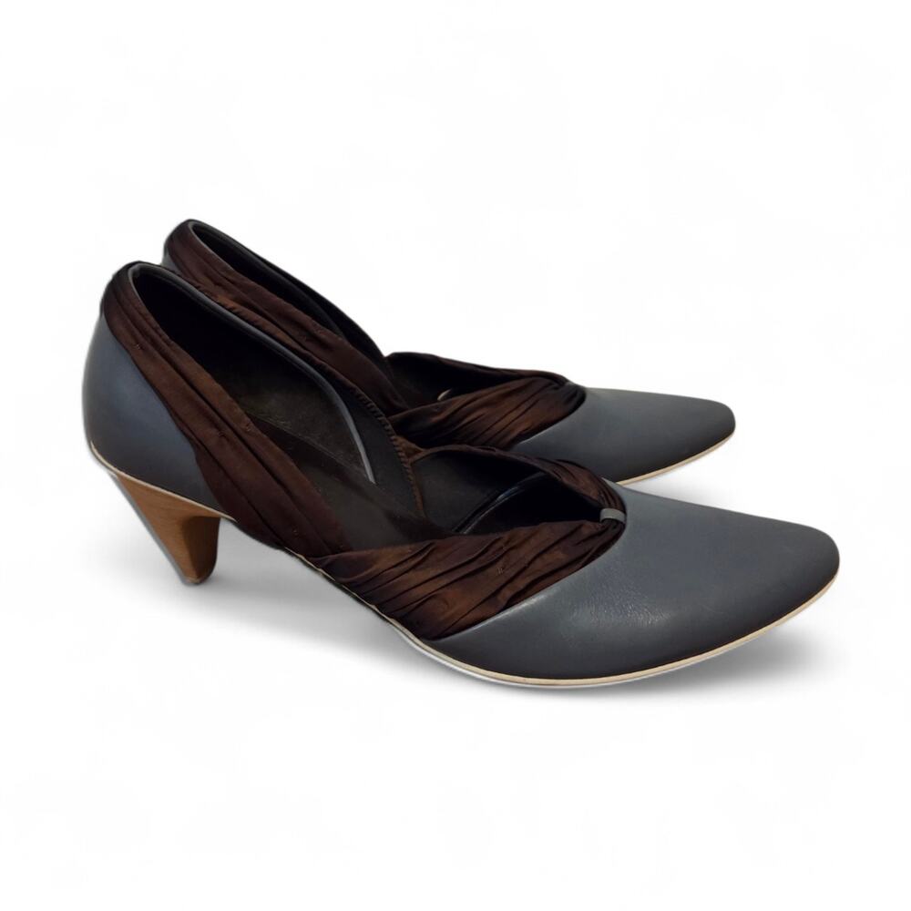 Glory Chen New Slate Gray Leather Brown Taffeta D'Orsay Pump Heels, Women's 9M